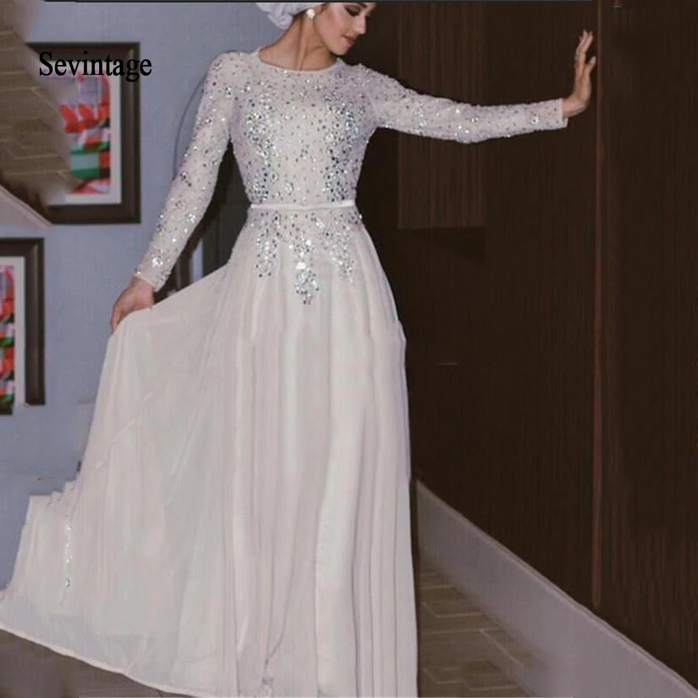 

Sevintage Modest Arabic Dubai Muslim Prom Dresses Sequined Chiffon vestido de festa Long Sleeve Formal Evening Party Gowns