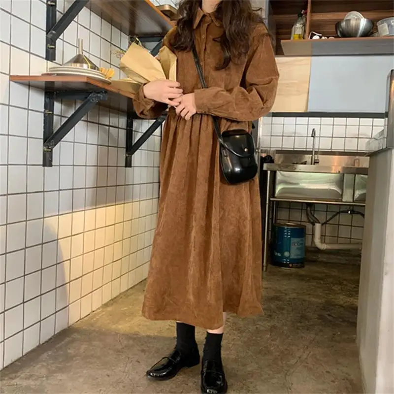 

Chic student loose corduroy long sleeve dress