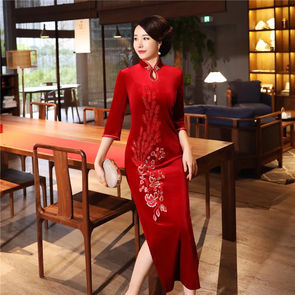 Шанхай история бархат Cheongsam китайское платье вышивка Qipao длинное