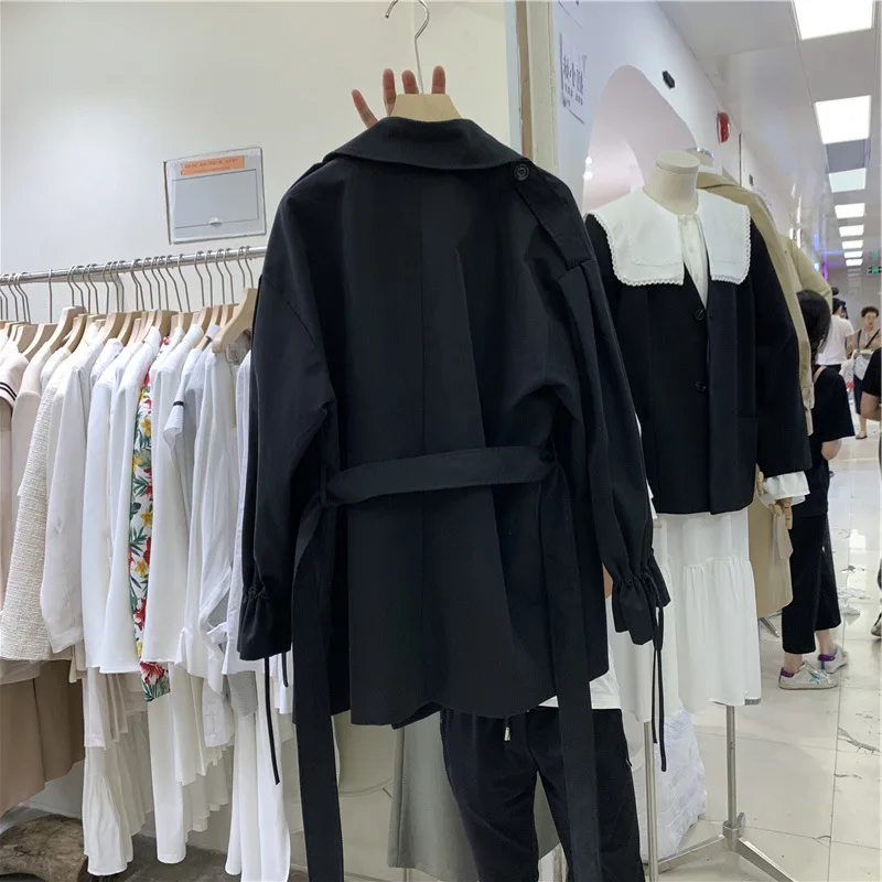 South Korea Autumn New Style Fold-down Collar Lace-up Waist Hugging Cuff Drawstring Loose-Fit Short WOMEN'S Windbreaker Coat