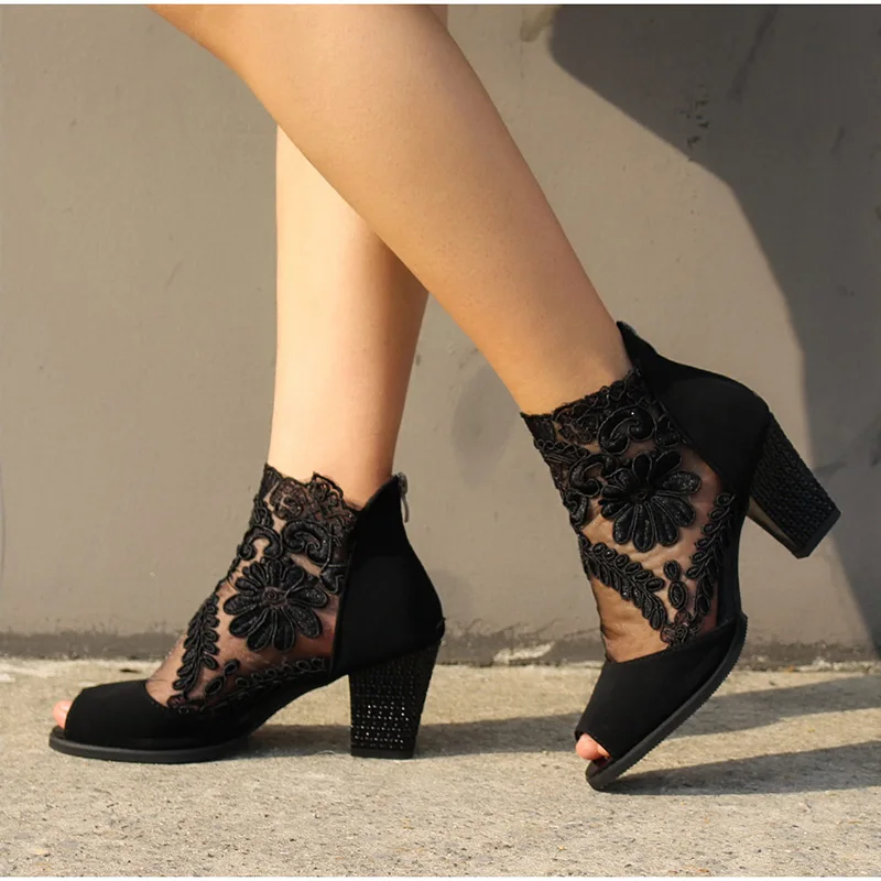 

Women Summer Mesh Peep Toe Sandals Sexy Heels Single Shoes Lace Pumps Woman High Heel Fashion Platform Female Shoes Ladies 2020