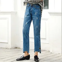 Женские джинсы, повседневные, высокая талия, прямые брюки, штаны для девушек, свободные, до щиколотки, рваные джинсы размера плюс