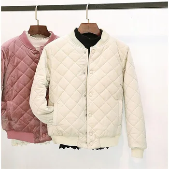 

Autumn Winter Women Short Cotton Coats Warm Thicken Velvet Parka Jackets Students Baseball Outerwear Solid Bombers Tops