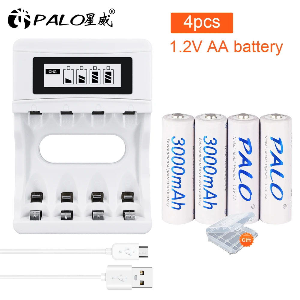PALO 1.2v AA 3000mah Ni-MH nimh Rechargeable Batteries + Smart 4 Slots LCD display battery Charger for / AAA | Электроника