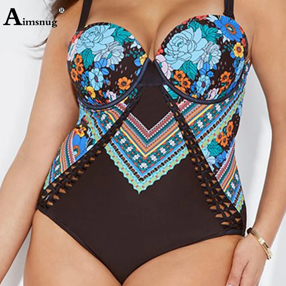 

Aimsnug 2021 Bohemian One-piece Swimsuit Plus Size Women Retro Bra Plain Monokinis Summer Beach Swimwear Onesie Bathing Suits