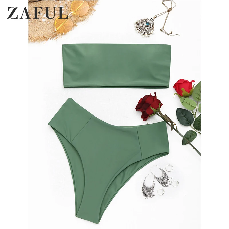 Женский купальник бикини ZAFUL с высокой посадкой бандо без бретелек талией летний