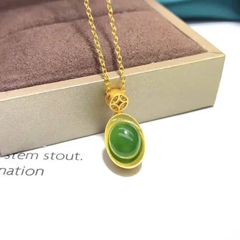 

Natural Hetian jade pendant S925 silver inlaid ingot hanging Antique Gold Pendant exquisite Hetian jade necklace