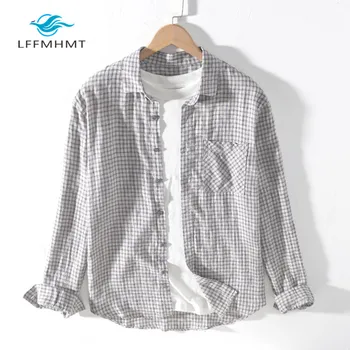 

Men Spring And Autumn Fashion Brand Japan Style Vintage Classic Plaid Pure Linen Long Sleeve Shirt Male Casual Loose Shirt Cloth