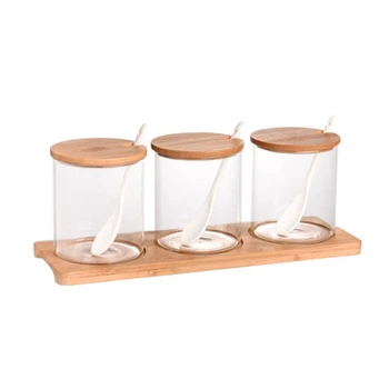 

3Pcs/Set Glass Spice Jar with Spoon Spice Container Organizer Seasoning Cans Pepper Shaker Storage Box with Tray Kitchen Spices