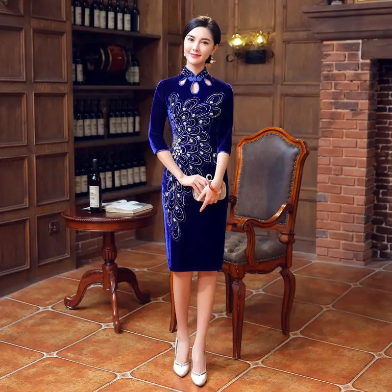 Новинка зимы Cheongsam Qipao женское элегантное тонкое бархатное китайское традиционное вечернее платье сексуальное с блестками с высоким разрезом Vestidos - Цвет: Style 3 Blue