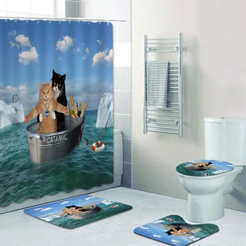 

3D Funny Catanic Cat Dog Shower Curtains Bathroom Curtain Novelty Sailing Animal Bath Curtain Mat Rug Set Kitten Pet Love Decor
