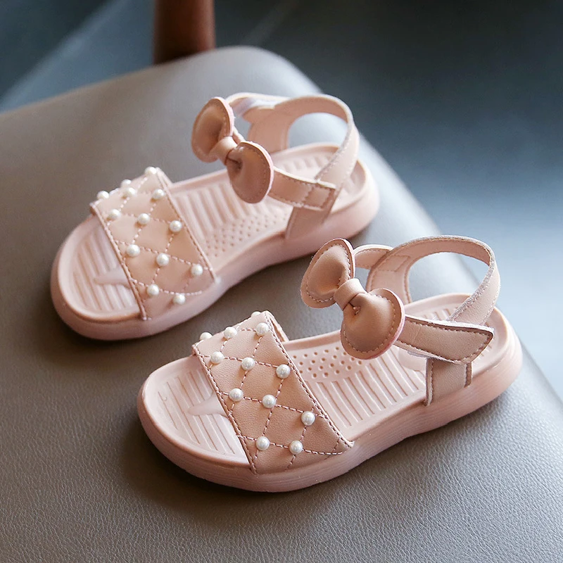 

Baby Girls Pearls Bow Knot Sandals Cute Summer Soft Sole Flat Princess Shoes Infant Non-Slip First Walkers Kids Sandals 21-31