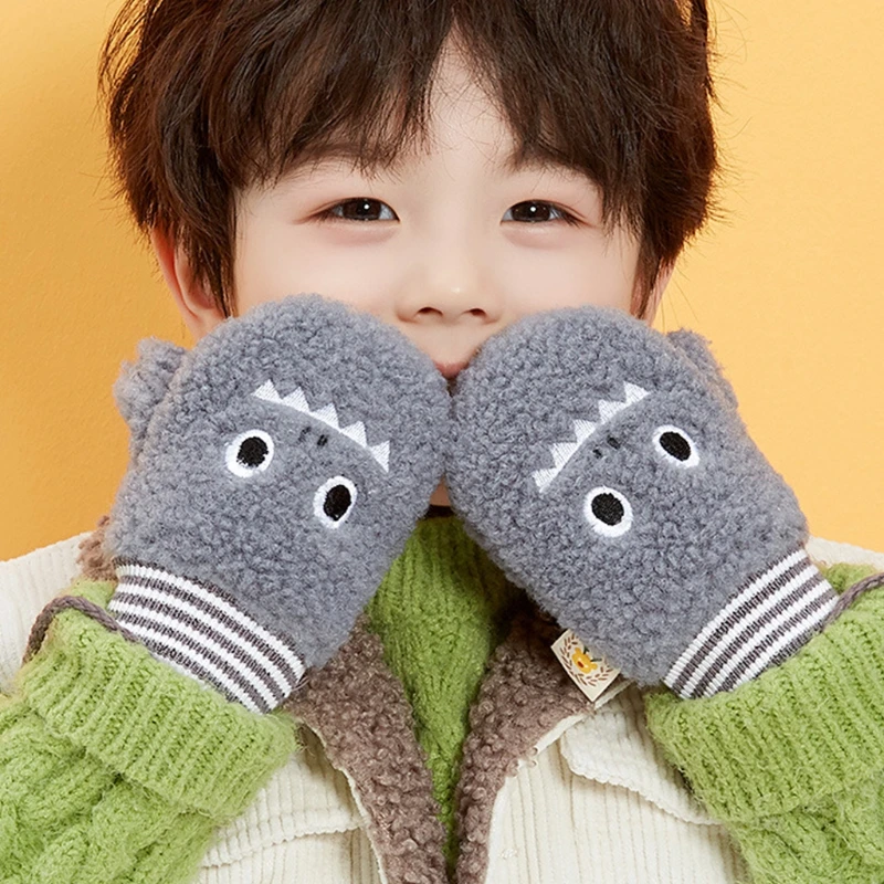 

Toddler Kids Winter Warm Full Finger Gloves with String Cartoon Animal Embroidery Thick Plush Lined Infant Baby Outdoor Ski Mitt