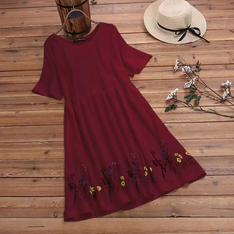 Бургундия Women Casual Mini Dress Summer Sundress ZANZEA Lady Loose Long Shirt Vestidos Floral Print Bohemian Beach Party Short Robe - Цвет: Бургундия