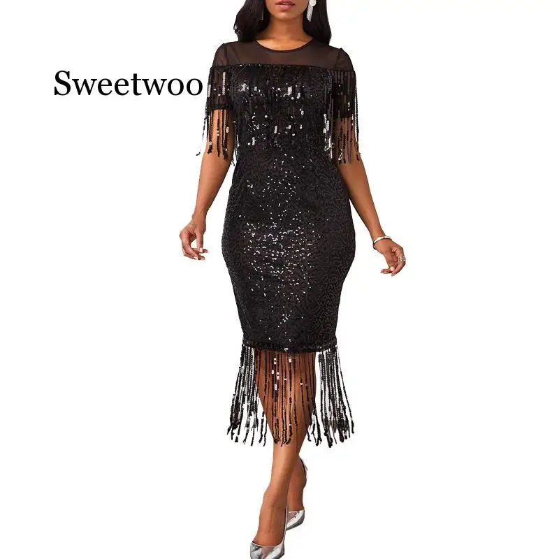 

S-5XL Spring Summer Tassels Sequined Black Sexy Bodycon Midi Dress Mesh Patchwork Bling Bandage Dress Party Night Club