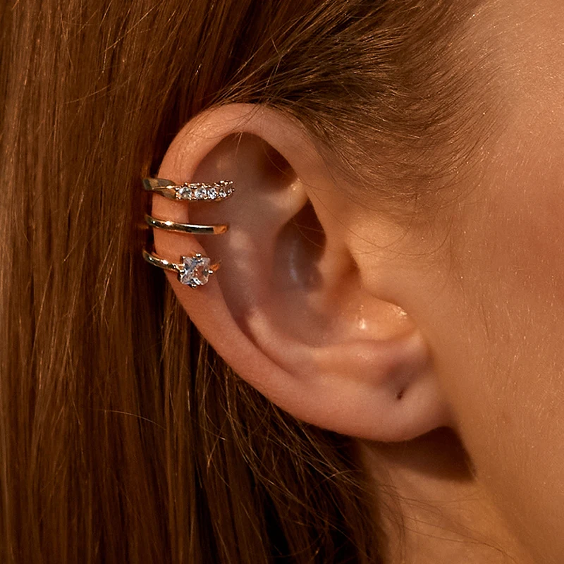 Puños de circonita para oreja para mujer, pinza para mujer, pendientes, Color dorado y plateado, Piercing falso, joyería, 1 ud.