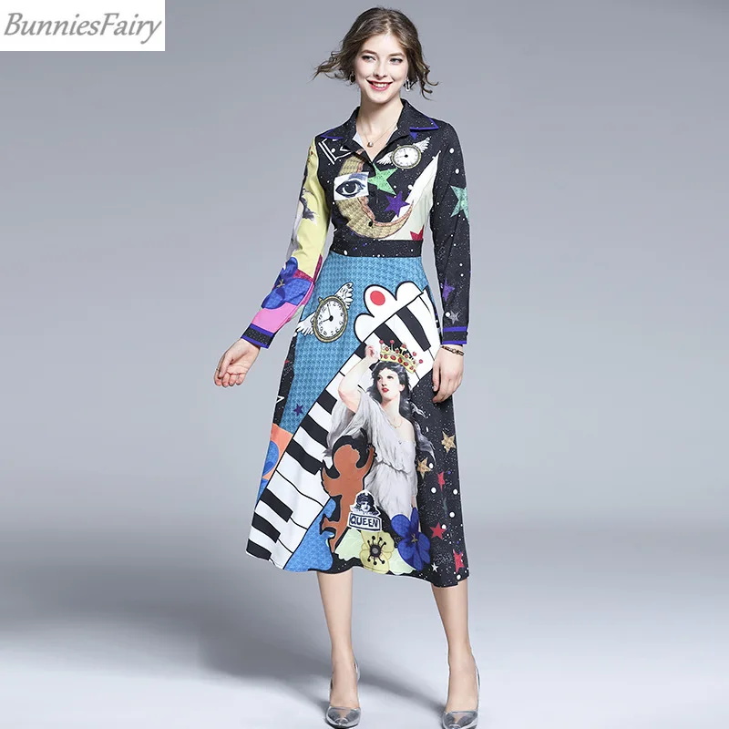 

BunniesFairy 2019 Autumn Winter Runway Women Elegant Vintage Queen Character Musical Keys Floral Print Long Sleeve Midi Dress