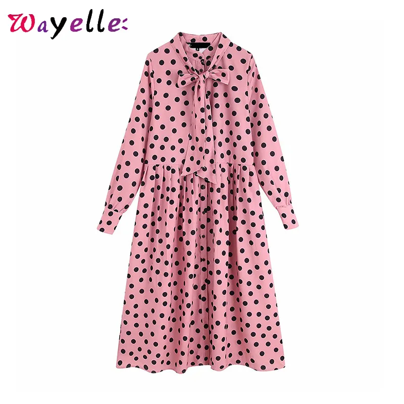 

Elegant Dress Sweet Pink Dot Print Midi Dress Women 2019Korean Bow Tie Collar Long Sleeve Womens Dresses Long Sleeve Retro Dress