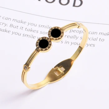 

Vintage Round Black Roman numerals Bangle Bracelet Crystal Titanium Spring Clasp Stainless Steel for Women Fashion Jewelry
