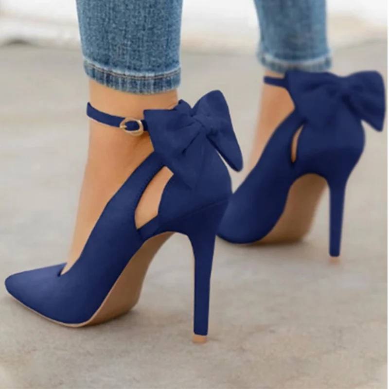 Mujeres puntiagudos tacones altos mujer tacones finos señoras Sexy bombas señoras hebilla Correa moda femenina Bowknot zapatos más tamaño 34-43