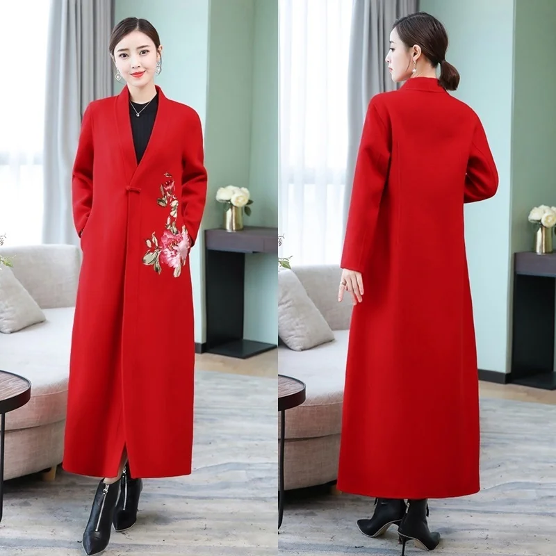 Winter Coat Women Chinese style red long Womens Coats Slim Wool Outerwear Warm Winter Jacket For Female AA5185