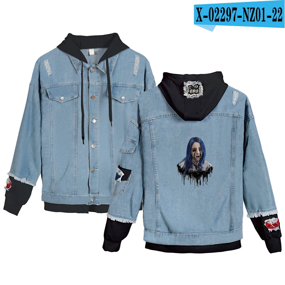 As picture Billie Eilish/Осенняя трендовая джинсовая куртка с капюшоном в стиле хип-хоп Уличная одежда для мальчиков и девочек повседневная женская джинсовая куртка популярный топ - Цвет: As picture