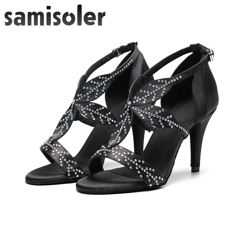 Samisoler/туфли для латинских танцев; zapatos de baile; женские черные атласные вечерние туфли для бальных танцев со стразами