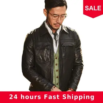 

2020 Black Men Slim Fit Fashion Casual Leather Jacket Large Size XXXL Genuine Thin Sheepskin Spring Short Young Men Leather Coat