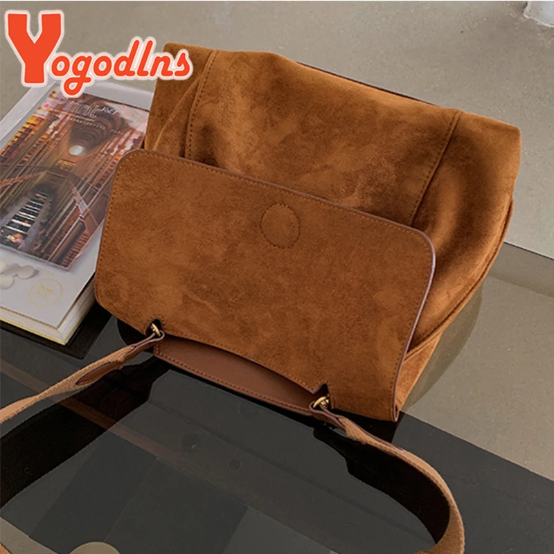 Yogodlns Autumn Winter Fleece Shoulder Bag Female Frosted Leather Crossbody Bag Retro Crossbody Bag Large Capacity Messenger Bag