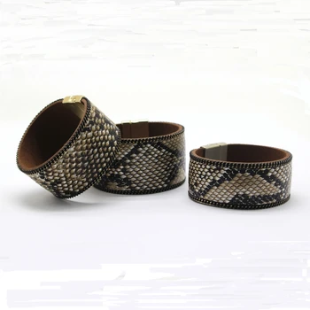

Trendy Python/Snake Skin Pattern Cowhide Leather Bracelets for Women Sexy Leather Magnet Clasp Bracelets Female Jewelry