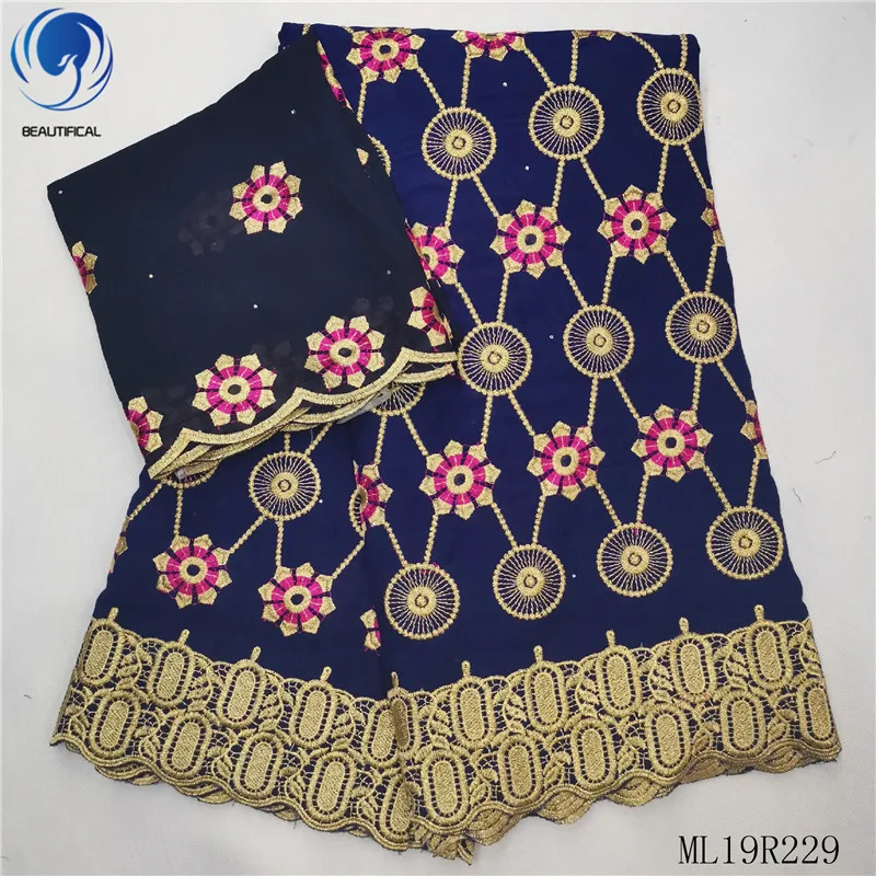 

BEAUTIFICAL Cotton african fabrics high quality nigerian voile lace embroidery fabric with stones for women 5+2yards ML19R229