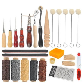 

33 Pieces Of Leather Craft Hand Sewing Tools, Leather Sewing Supplies Diy Tools With Saddle Groove Punching Tools Awl Thimble Wa
