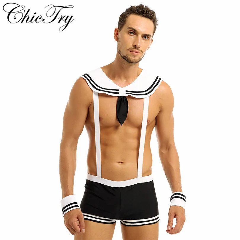 Мужской пикантный костюм моряка, комбинезон для косплея, нижнее белье, набор, подтяжки, боксеры с воротником, манжеты, костюмы на Хэллоуин