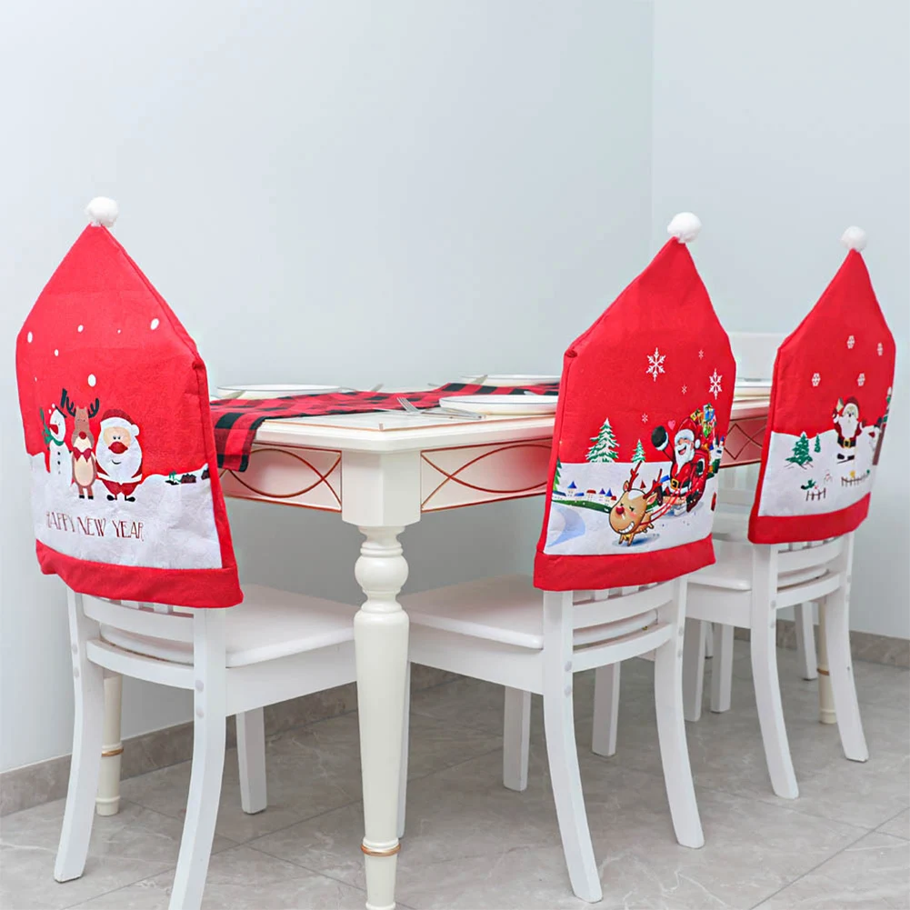 

Non-woven Christmas Chair Cover Cartoon Santa Claus Snowman Stool Big Hat Dinner Chair Back Cover Big Hat Xmas Home Decoration