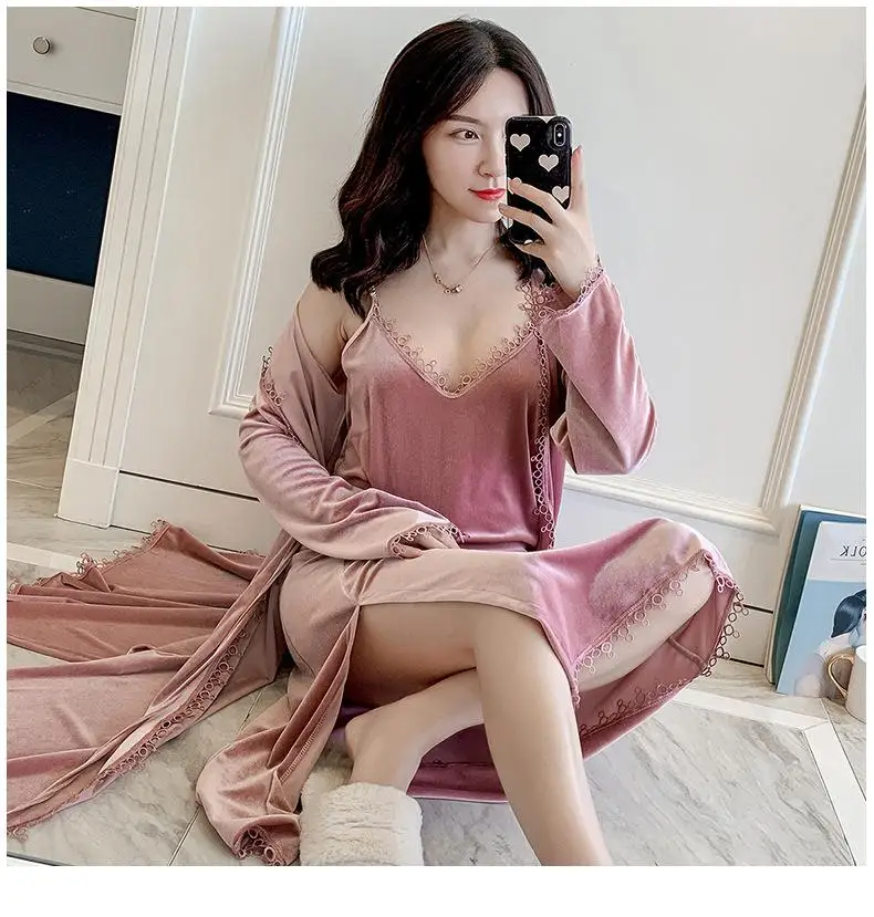 Navy Blue 2PCS Robe Suit For Female Velour Kimono Bathrobe Gown Autumn Winter Sleepwear Nightgown Velvet Home Dressing Gown - Color: Pink