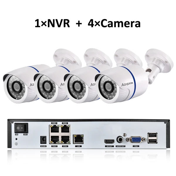 NVR and 4Camera AZISHN 4CH 1080P HDMI 48 в POE 2MP NVR CCTV камера системы наружная безопасность 720P IP камера P2P система видеонаблюдения NVR комплект - Цвет: NVR and 4Camera
