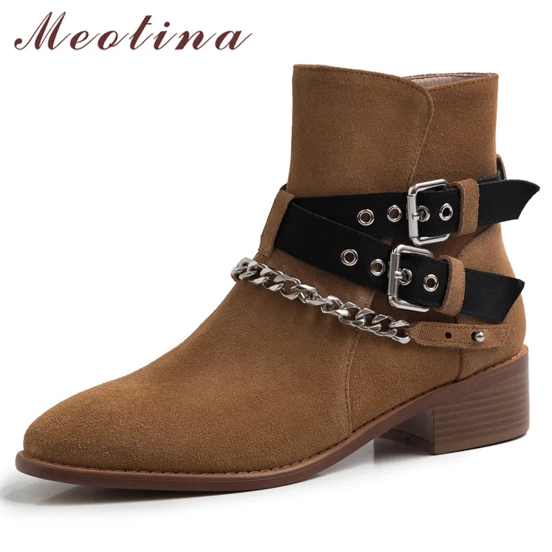 

Meotina Real Leather Motorcycle Boots Women Cow Suede Buckle Chunky Heels Ankle Boots Zipper Round Toe Shoes Lady Fall Winter 39