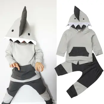 

Kids Toddler Baby Boys Clothes Infant Shark Hooded Tops Coat Gray Pants Autumn Winter Outfit Set 6M-4T