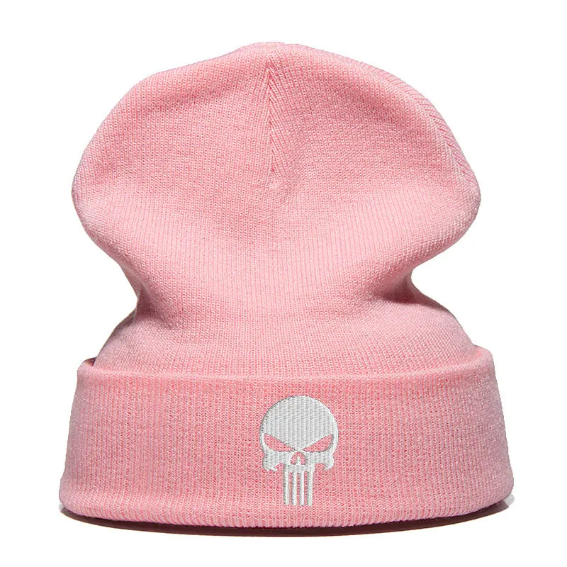 Beanie шляпа Skullie шапка, вязаная шапка-носок Зимняя Вышивка в стиле панк Для мужчин Для женщин для мальчиков и девочек подростков уличных танцев череп Skelton черный, белый, серый - Цвет: Pink white