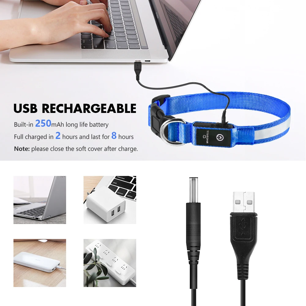 USB Charging Flashing Dog Collar Leads LED Light Night Safety Glow Anti-Lost/Avoid Car Accident Dog Nylon Adjustable Pet Collar