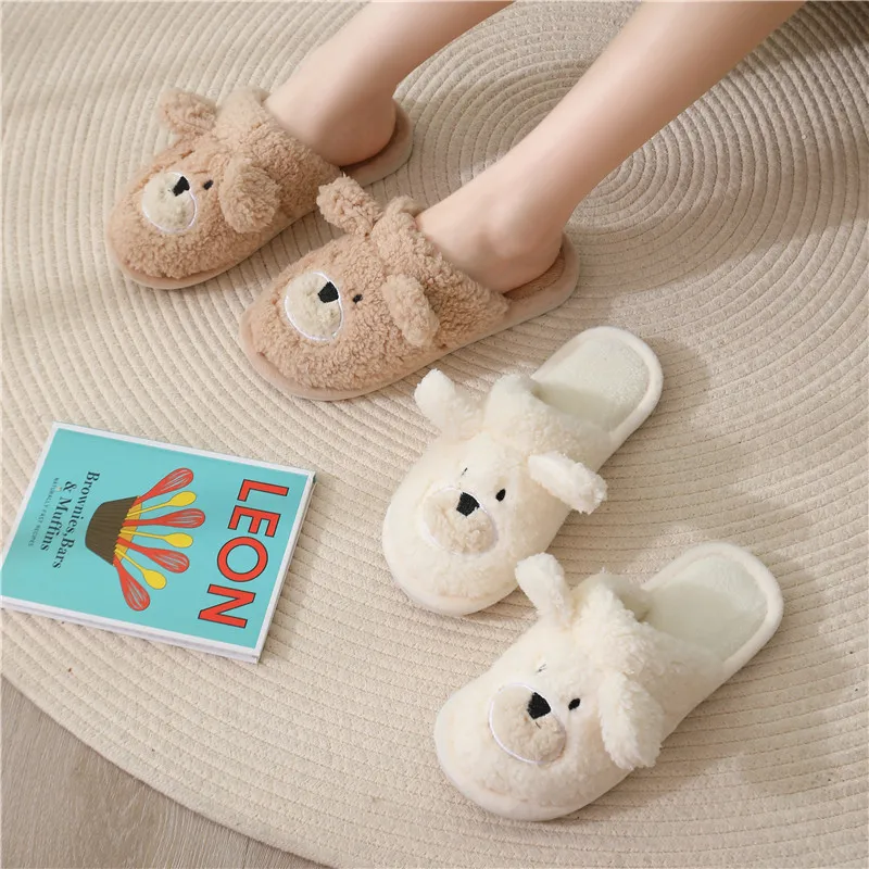 

Floor slippers cute new 2021 autumn winter plush head flat with cotton slippers