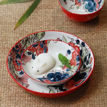 

Flower Noodles Glazed Chinese Red Tableware Set Net Red Combination Household Ceramic Rice Bowl Fish Plate Large Soup Bowl Dish