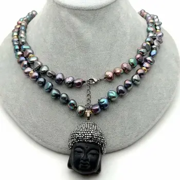 

41" Cultured Black Baroque Pearl Necklace Black Buddha Pendant