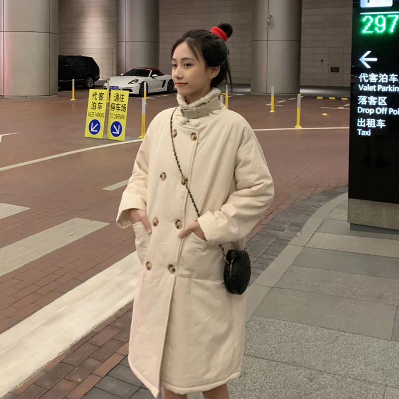 Harajuku, куртка из овечьей шерсти, женская мода, двубортный, с длинным рукавом, Термальный, хлопок, куртка для девушек, одноцветная, тонкая, мешковатая, для женщин