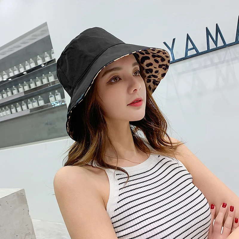 Fashion Leopard Print Women Bucket Hat Double-sided Wear Girl Fisherman Hat Seaside Vacation Sun Hat Wide Brim Panama Cap green bucket hat