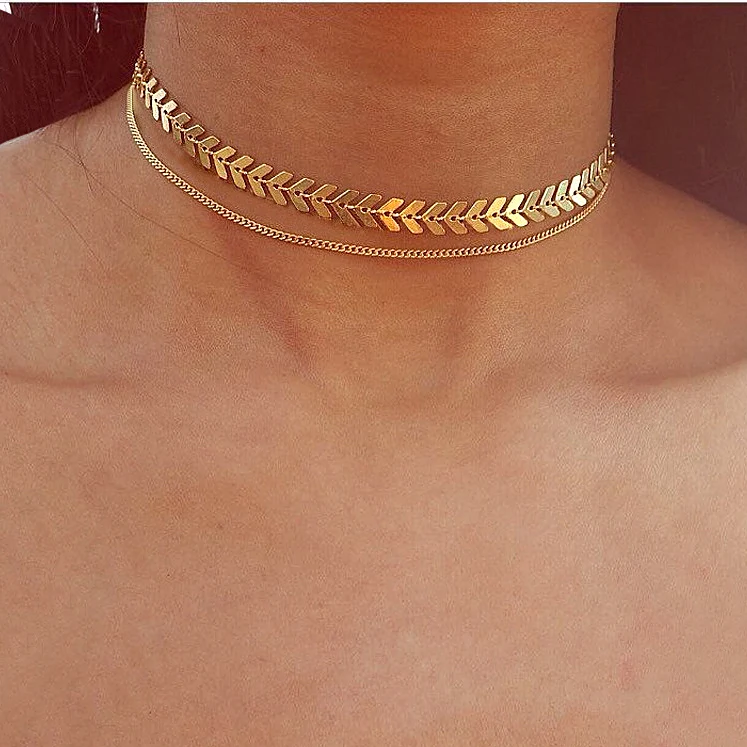 

Gold Sequins Metal Two Layer Choker Necklaces Fishbone Leaves Chain Collana Kolye Bijoux Collares Mujer Party Jewelry Wholesale