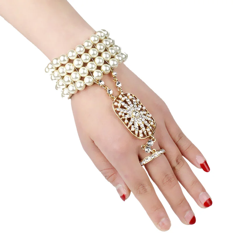 Anime Bracelet Art Deco The Great Gatsby Inspired Flower Simulated Pearl Bracelet Set Wedding Bridal Bracelet 1920s Flapper Accessories