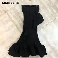 Новинка, зимняя эластичная Асимметричная юбка с оборкой, вязаная юбка рыбий хвост, женские юбки, сексуальная черная юбка на бедрах