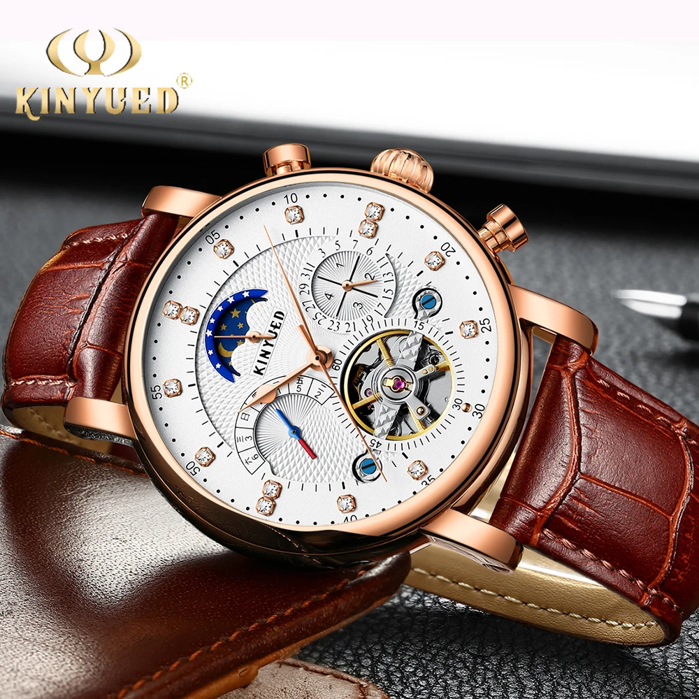 

KINYUED Skeleton Mechanical Watches Mens Classic Rose Gold Tourbillon Automatic Watch Men Moon Phase Calendar Relogio Masculino