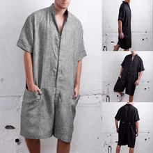 HEFLASHORSummer свободные мужские комбинезоны хлопок рукав три четверти с пуговицами брюки винтажные повседневные однотонные мужские рабочая одежда комбинезон брюки мужские